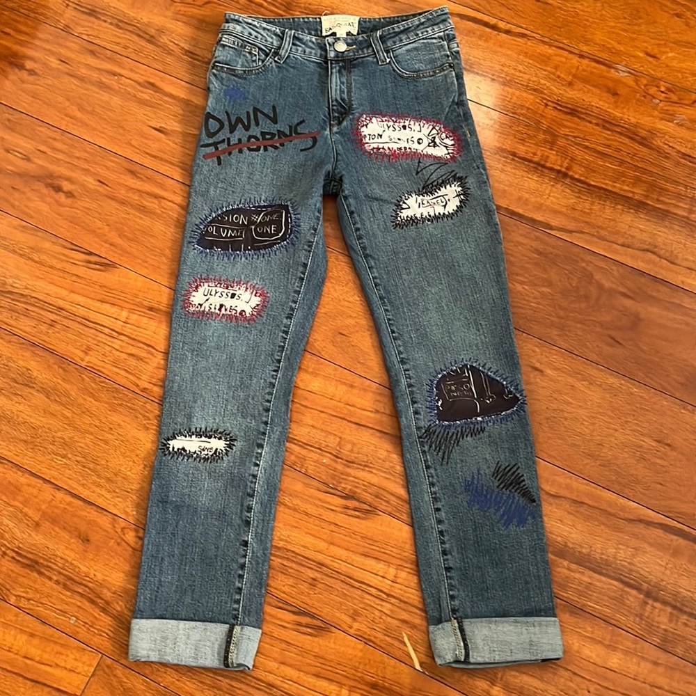 Alice + Olivia Denim Straight Leg Jeans with Artistic Patches